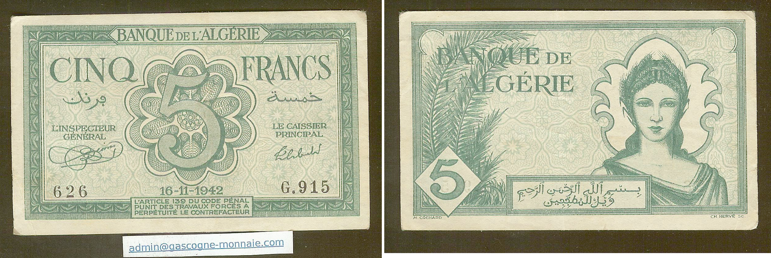 Algérie 5 Francs 16.11.1942 TTB+